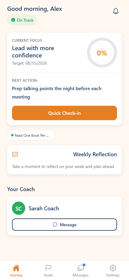 The client's home screen, showing their current focus, next action and a quick check-in button.